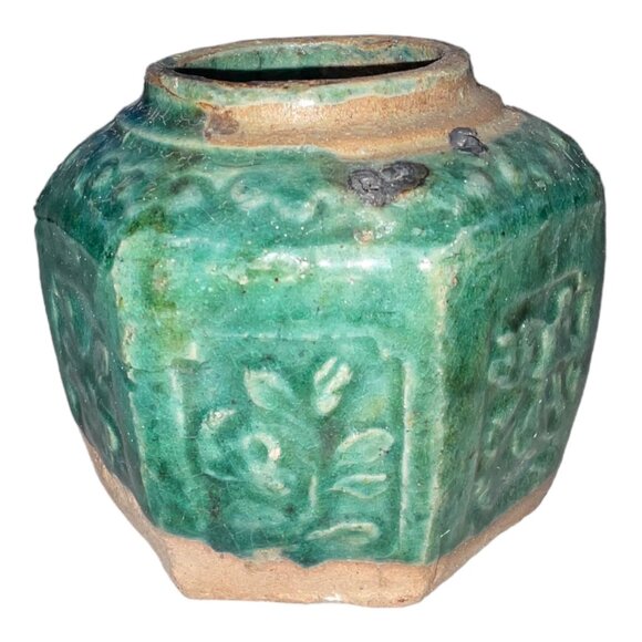 Vintage Green Hexagonal Floral Ceramic Vase - Picture 2 of 6